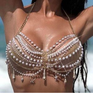 Pearl and Gold Chain Bikini Top